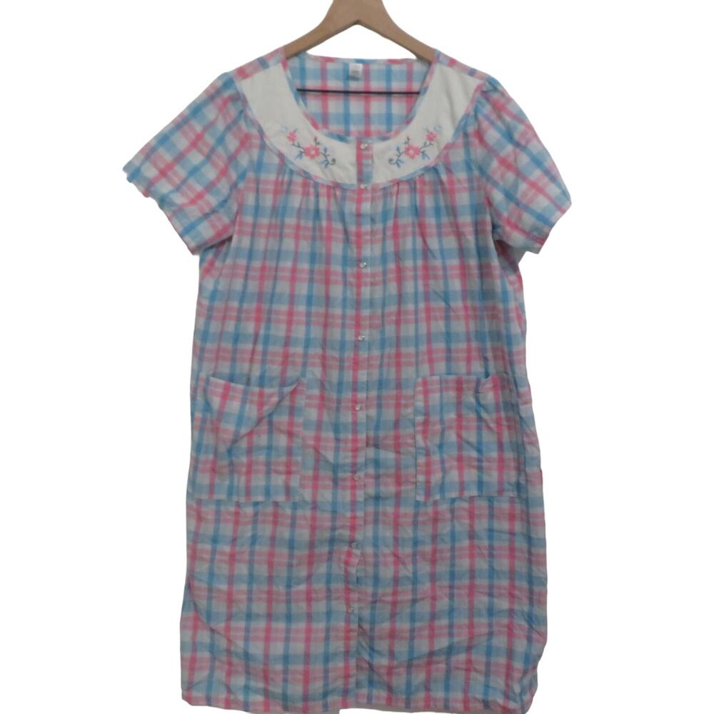 Victoria's Secret PINK Womens Sz S Pink Blue Plaid Embroidered Nightgown